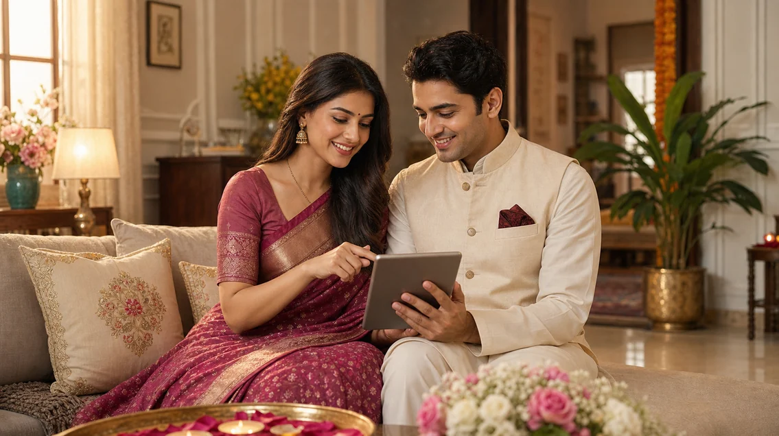 Indian bride and groom creating a thoughtful matrimony profile together