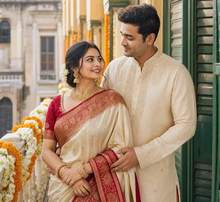 Bengali bride and groom in traditional matrimonial attire